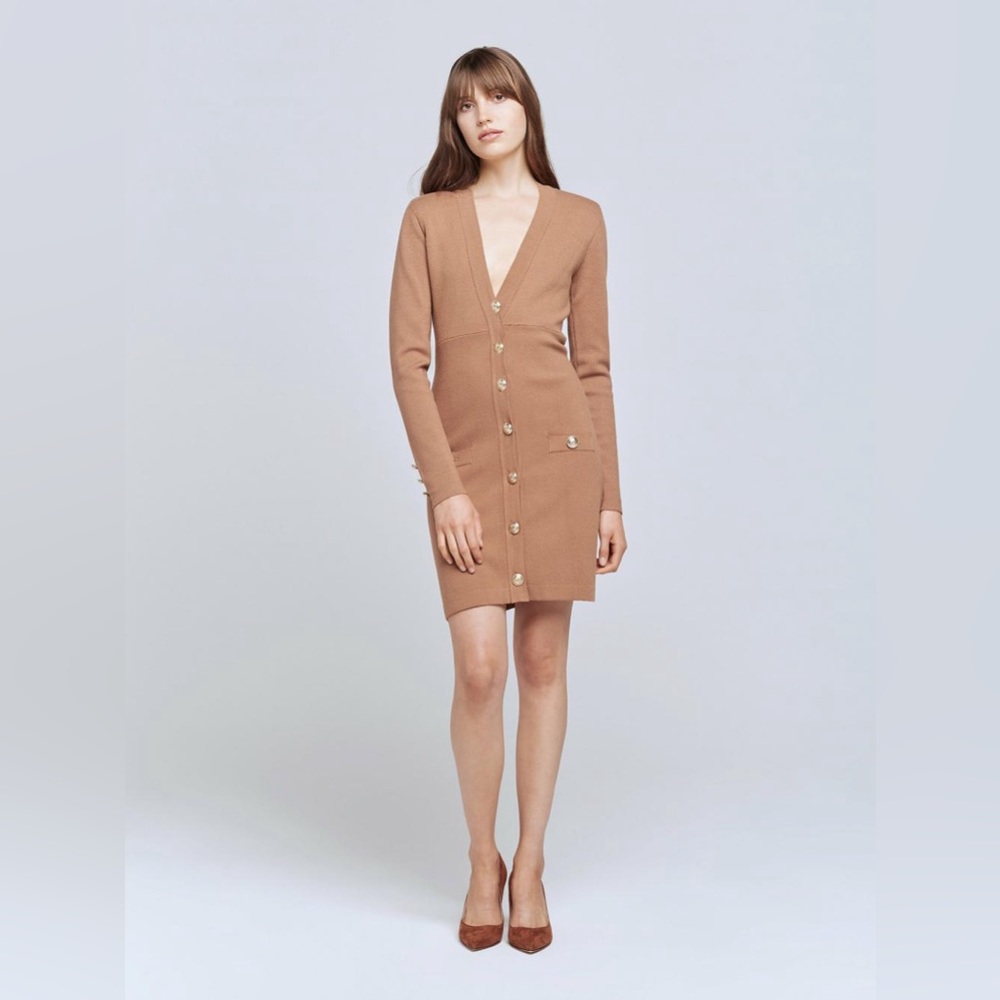 NWT $495 L’agence Breanna V Neck knit Mini Dress in Dark Camel